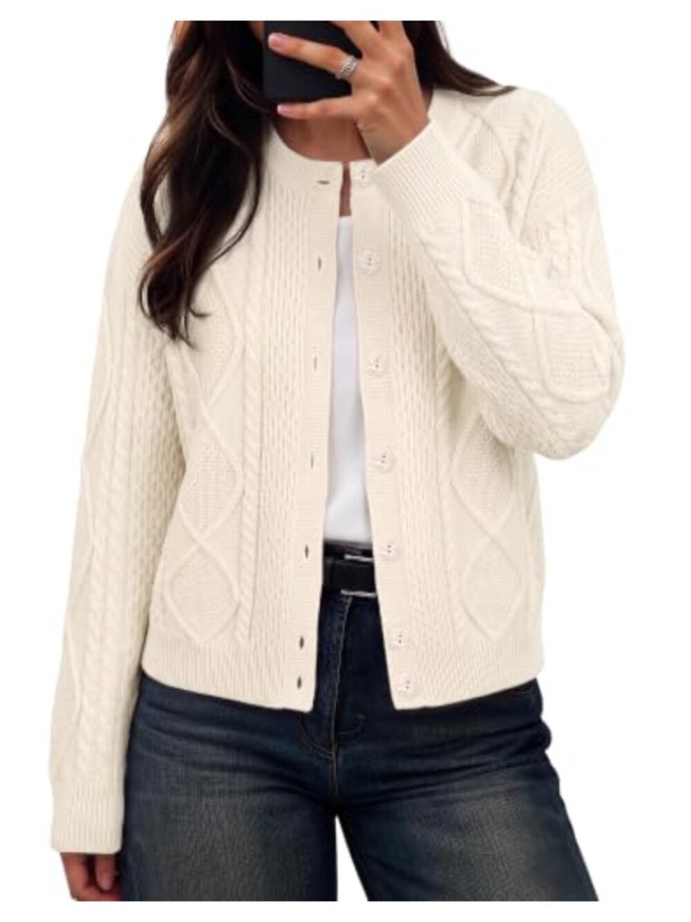 Cable Knit Button Cardigan Sweater Women Long Sleeve Crew Neck Relaxed Fit